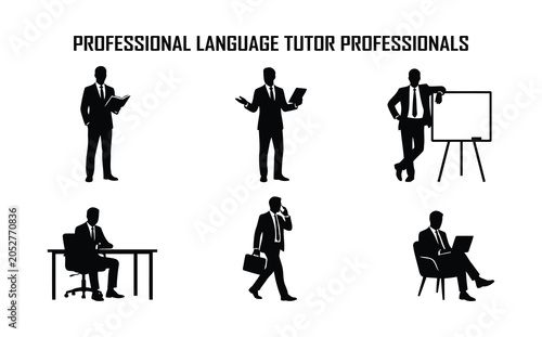 Set of professional language tutor silhouettes in various business poses