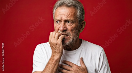 Elderly man showing anxiety by biting nails, World Cup fan anticipation