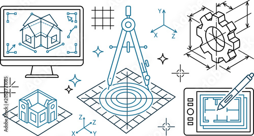 Bild auf Leinwand Computer Aided Design CAD Icon Set with Technical Blueprint and 3D Modeling Symb