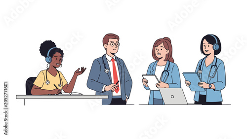 Quadro su tela Medical Team Collaboration: A group of diverse medical professionals, including doctors and nurses, are engaged in a discussion, reviewing patient data, and collaborating on patient care