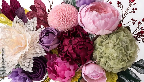 Artificial Flowers Wall for Background in Vintage Style With Shadow Cut Out Isolated on White Background. Floral Decoration, Elegant Retro Design. AI Generated.