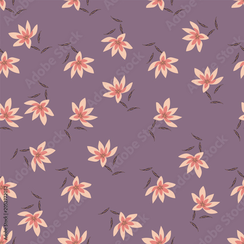 Seamless floral pattern, cute ditsy print with small pink flowers, leaves on purple background. Pretty botanical design for fabric, paper and other surfaces. Vector illustration.