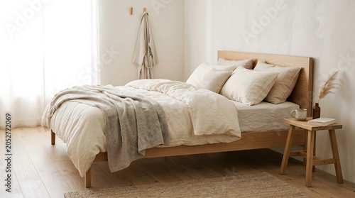 Minimal Scandinavian bedroom in warm ivory tones