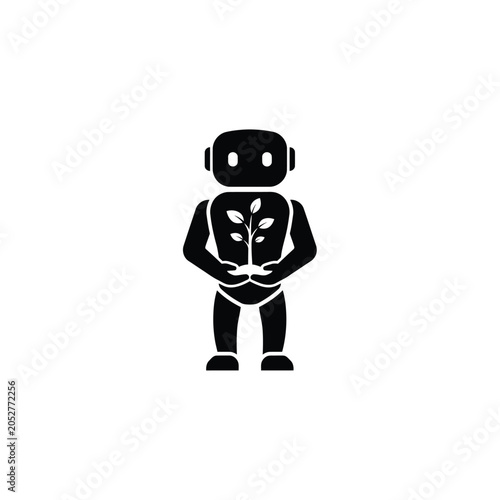 Schilderij op canvas Robot Holding Plant Silhouette Black Flat Icon On White Background