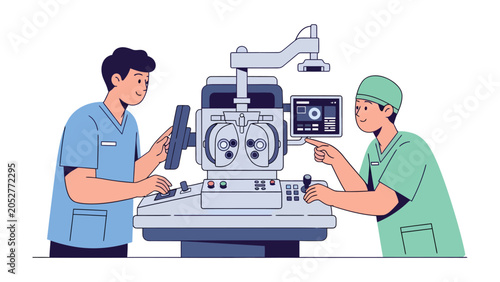 Foto Ophthalmologist and Assistant with Medical Device: Two medical professionals, an ophthalmologist and an assistant