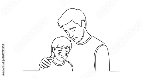 Fotografija Father Comforts Crying Child, Emotional Support, Single Line Art