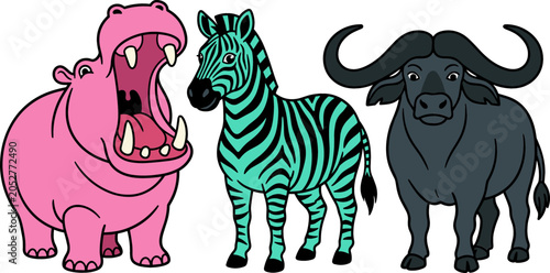 Photography African Wild Animals Vector Set Featuring Yawning Pink Hippopotamus Green Stripe