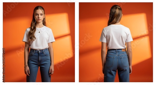 Young woman in casual white top and jeans standing against vibrant wall with warm lighting