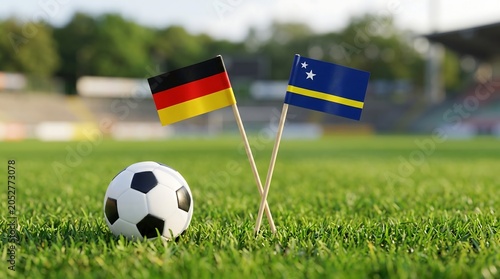 Germany and Curaçao Flags on Soccer Field with Ball, Sports Competition