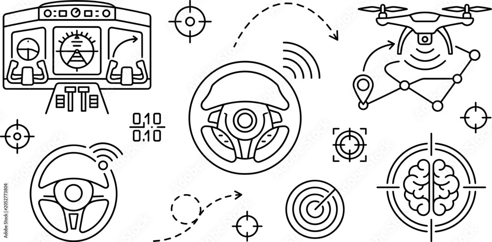 Fototapeta premium Autonomous Driving Steering Wheel Icon Set with Drone Autopilot Dashboard and Radar Symbols