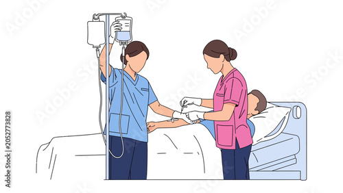 Slika na platnu Medical Care Scene: Two nurses attend to a patient in a hospital bed, one administering an IV drip while the other prepares an injection