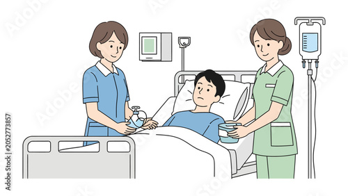 Cuadro en lienzo Caregivers Attending Patient: Two nurses attend to a young male patient lying in a hospital bed, offering comfort and medical care, creating a scene of compassionate healthcare