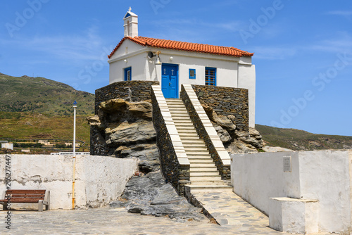 Panagia Thalassini of Andros, a picturesque chapel built on a rock in the sea, at the entrance of Chora. Cyclades, Greece