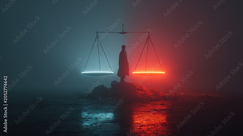 Obraz premium Balancing justice and chaos urban landscape digital art foggy environment dramatic viewpoint conceptual representation
