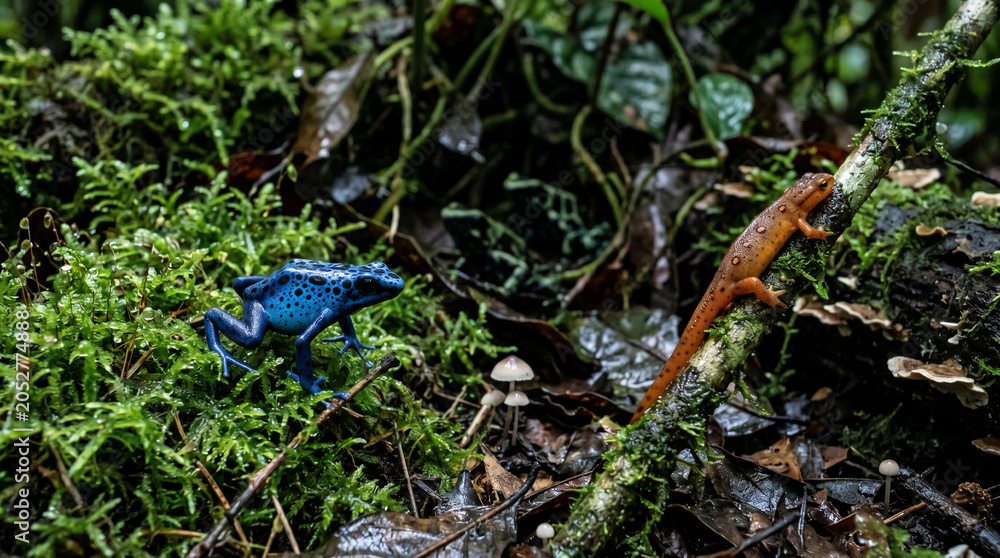 Obraz premium Rainforest Amphibians on Mossy Forest Floor