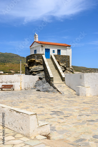 Panagia Thalassini of Andros, a picturesque chapel built on a rock in the sea, at the entrance of Chora. Cyclades, Greece