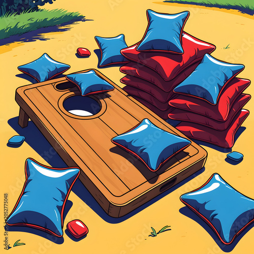 Cornhole board and bags colored cartoon