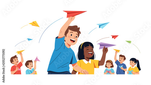 Photos Childhood Dreams Taking Flight: A group of happy children, with an older boy in the lead, joyfully launch colorful paper airplanes into the sky, symbolizing imagination and freedom