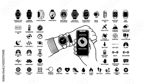 Canvas Print Person holding smartphone with health data showing closed rings beside smart wat