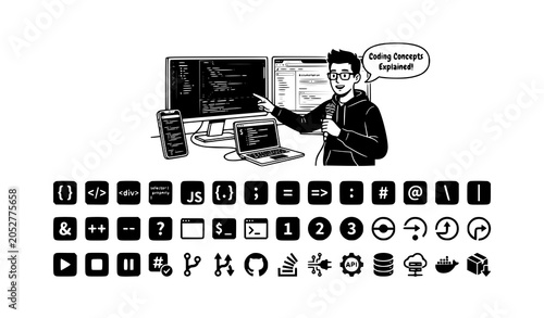Fotografie Male programmer explaining coding concepts online with computer monitors laptop