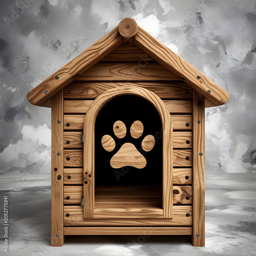 Detailed wooden dog house with paw print door realistic texture on transparent background