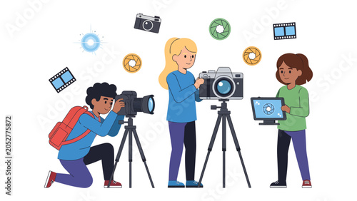 Foto Young Photographers in Action: A trio of young enthusiasts, each holding a camera or digital device, engaged in photography with various equipment surrounding them