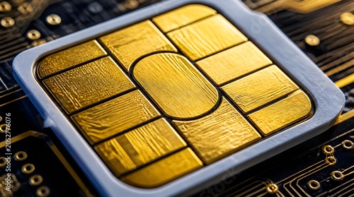 Close-up of gold contact pads on mobile SIM card.