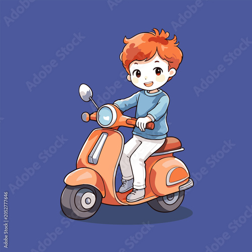 Schilderij op canvas Red-haired boy riding an orange scooter
