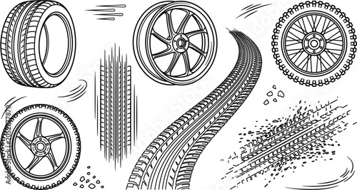 Fotografía Car tire and alloy wheel rim vector line art illustration with tread track marks