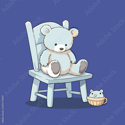 Light blue teddy bear sitting on a wooden chair