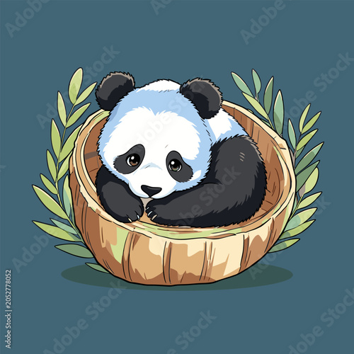 Panda curled up in a wooden basket