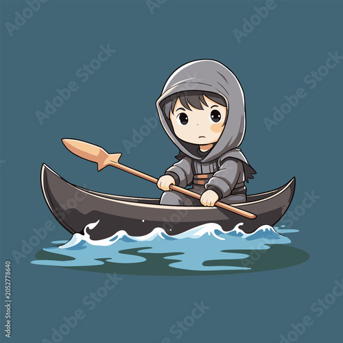  Chibi hooded character rowing a dark wooden boat