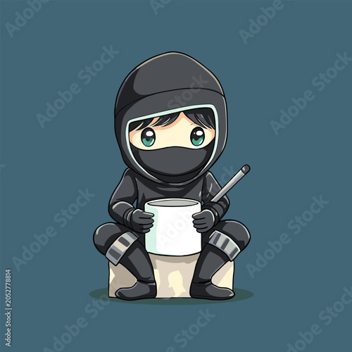 Cute chibi ninja holding sword, dark teal background