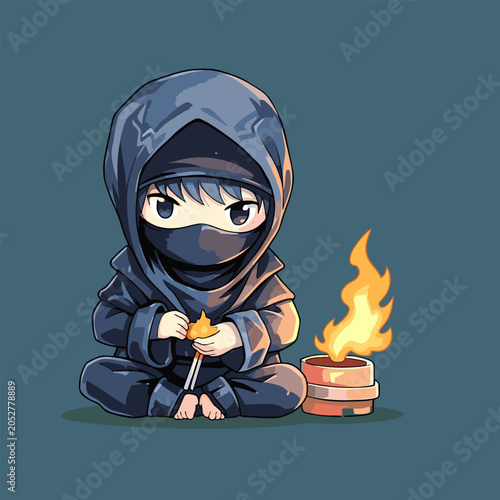 Chibi ninja with fire, black outfit, teal bg