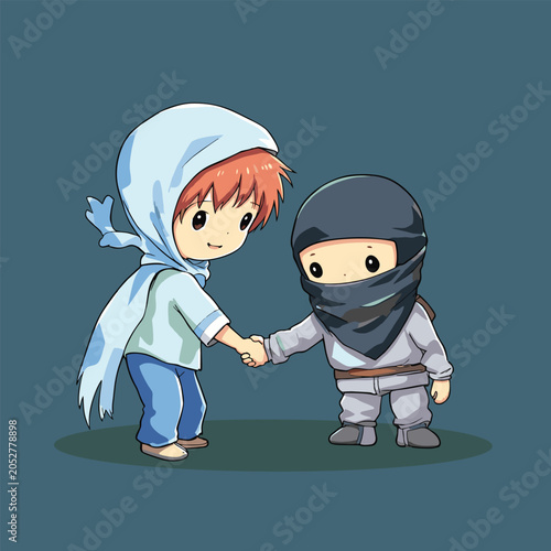 Chibi ninja holding girl's hand, teal bg