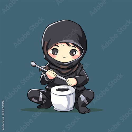 Chibi ninja with bucket, black outfit, teal bg