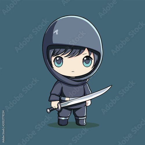 Dual - sword chibi ninja, black outfit, teal bg