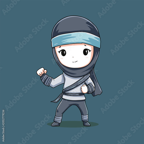 Running chibi ninja, white headband, gray outfit, teal bg