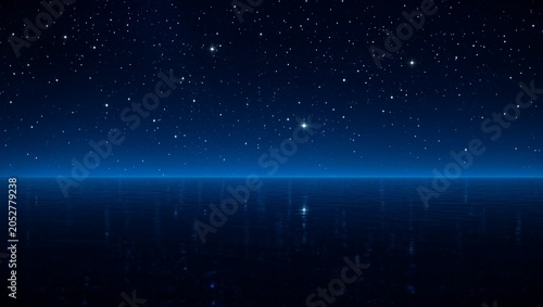 A vast starry night sky stretches over a calm reflective ocean surface creating a serene atmosphere