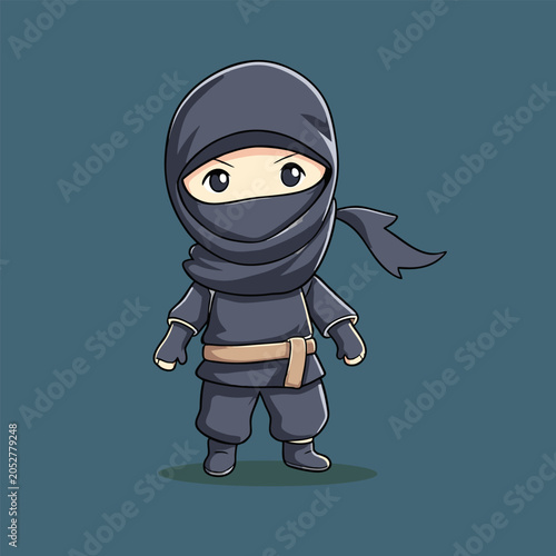 Standing chibi ninja, brown belt, black outfit, teal bg