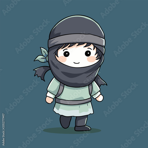 Smiling chibi ninja, black - white - green outfit, teal bg