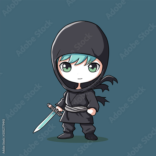 Chibi ninja with teal headband, black outfit, sword