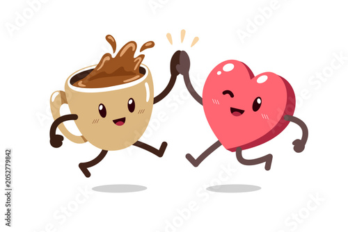 Cute coffee cup and heart mascots giving high five vector illustration
