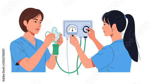 Schilderij op canvas Medical Equipoise: Two medical professionals in blue scrubs meticulously prepare an oxygen mask connected to a medical device, symbolizing care and advanced medical treatment