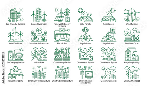Green City Line Icon Set with Eco Buildings Renewable Energy and Sustainable Transport Symbols