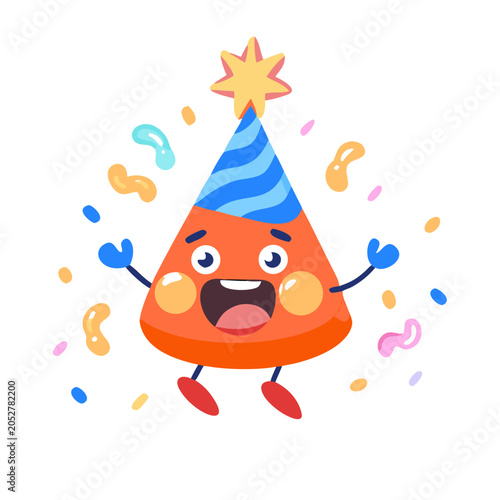 A cheerful orange triangle character celebrates with a blue party hat and colorful confetti