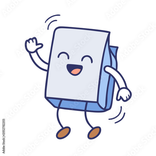A cheerful cartoon illustration of a blue and white box character dancing with a big smile on its face happily