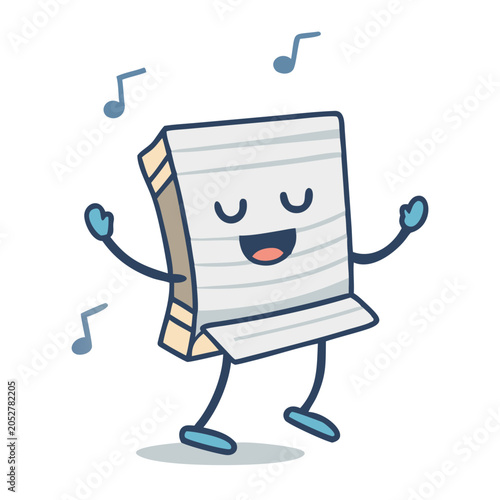 A cheerful cartoon notebook dancing with musical notes around it