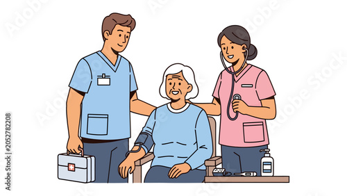 Foto Caring Hands: A senior woman receives attentive care from two healthcare professionals, one taking her blood pressure while the other offers a comforting presence