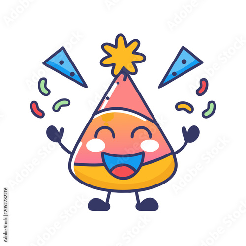 A cartoon slice of pizza wearing a party hat and celebrating